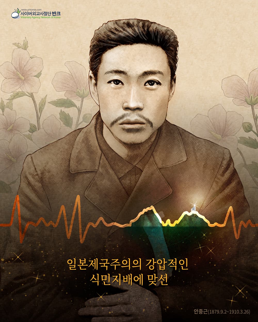 독립운동가의 심장 독도 · 안중근. 반크가 만든 독도 포스터이다. 안중근(1879.9.2~1910.3.26)의 초상과 무궁화 위에, 독도 능선 모양으로 이어지는 심장 박동 선과 '일본제국주의의 강압적인 식민지배에…
