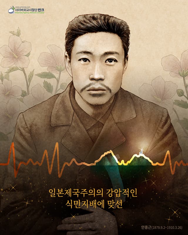 독립운동가의 심장 독도 · 안중근. 반크가 만든 독도 포스터이다. 안중근(1879.9.2~1910.3.26)의 초상과 무궁화 위에, 독도 능선 모양으로 이어지는 심장 박동 선과 '일본제국주의의 강압적인 식민지배에…
