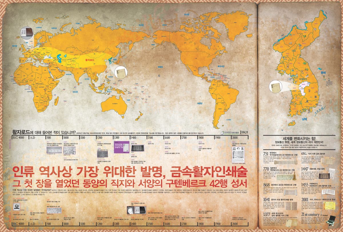 직지 세계지도 (2008). 직지 세계지도(한국어)는 금속활자인쇄술의 역사를 세계지도 위에 담아 소개하는 홍보물이다. 동양의 직지와 서양의 구텐베르크 42행 성서를 비교하며, 목판인쇄에서 금속활자인쇄로 이어진…